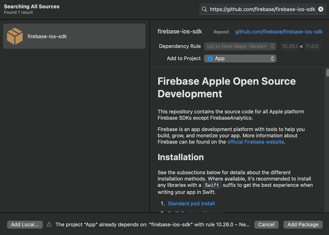 Install Firebase package iOS