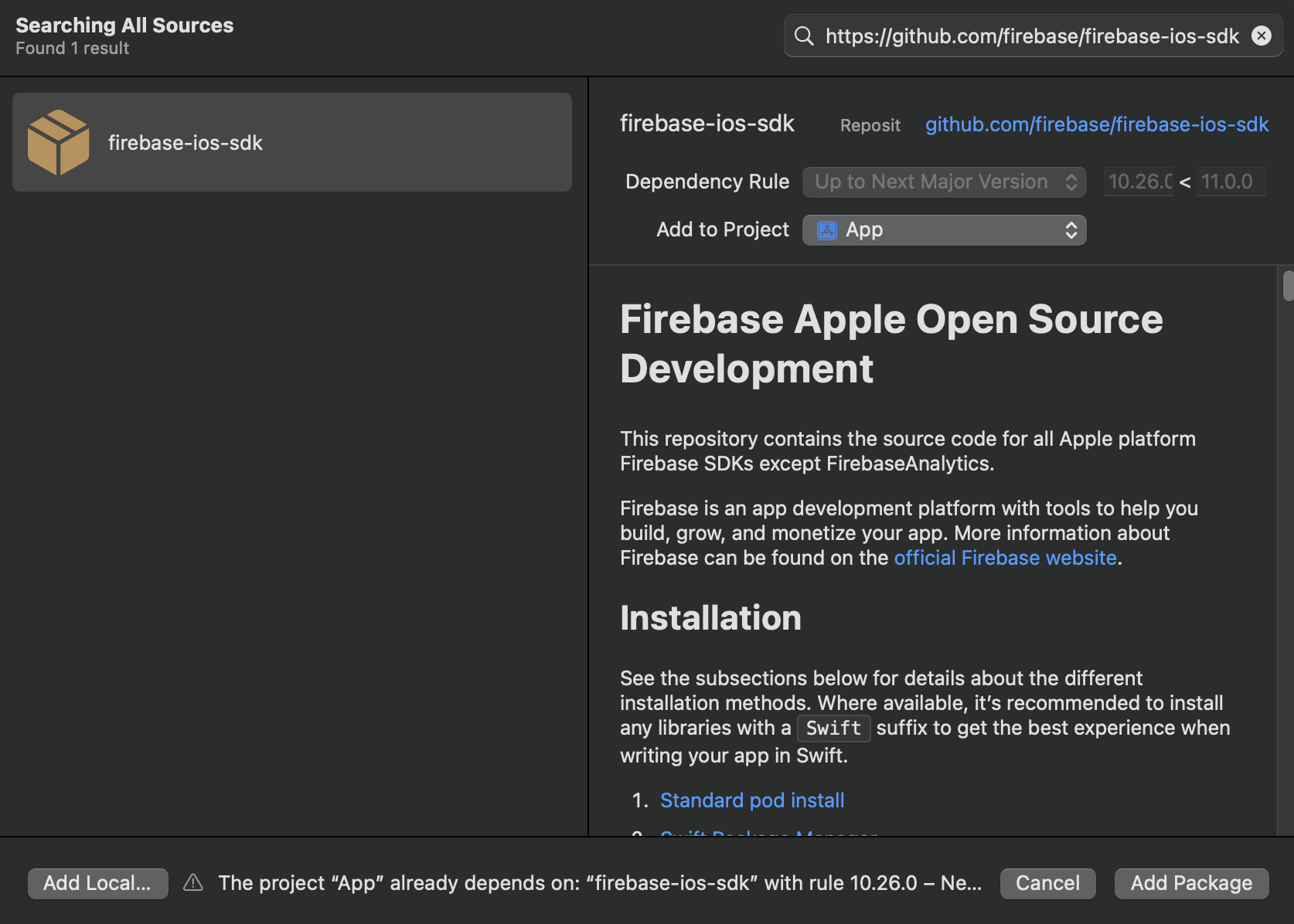 Install Firebase package iOS